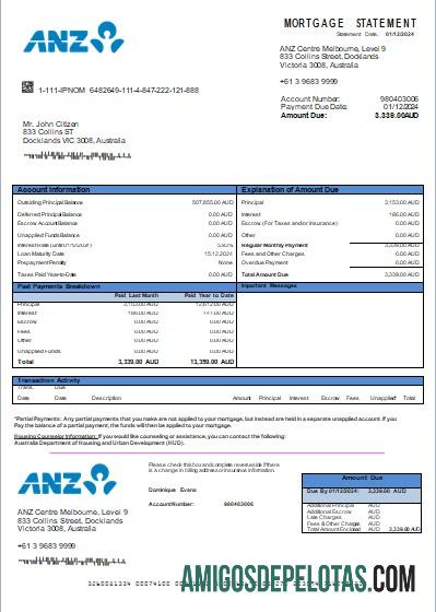 Declaração de hipoteca bancária ANZ da Austrália exemplo